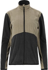 Veste zippée en tout mélange de matériaux beige et gris foncé. Texture côtelée avec des poches zippées et un col haut.