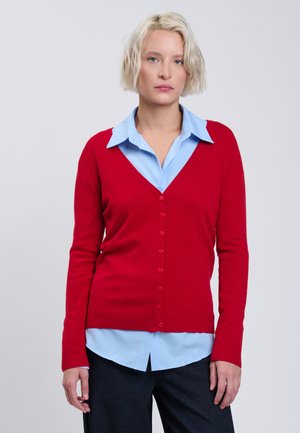 Lyshåret person med kort hår iført en rød cardigan med knapper over en lyseblå skjorte med krave, står foran en ensfarvet lys baggrund.