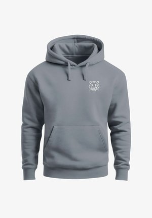 Grauer Hoodie aus weichem Stoff mit einer Kängurutasche, Kapuze mit Kordelzug und einem weißen Tiger-Emblem auf der linken Brust.
