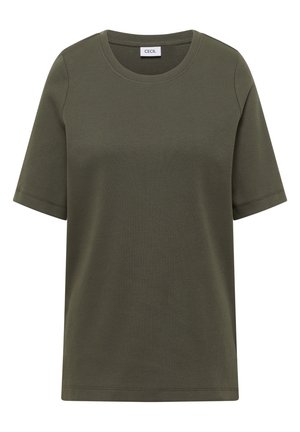 Olivgrünes, kurzärmeliges, geripptes Strick-T-Shirt mit rundem Ausschnitt, geradem Saum und Markenetikett im Krageninneren.