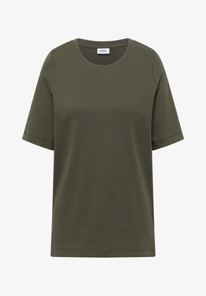 T-shirt côtelé à manches courtes de couleur olive avec col rond, ourlet droit et étiquette de marque à l'intérieur du col.