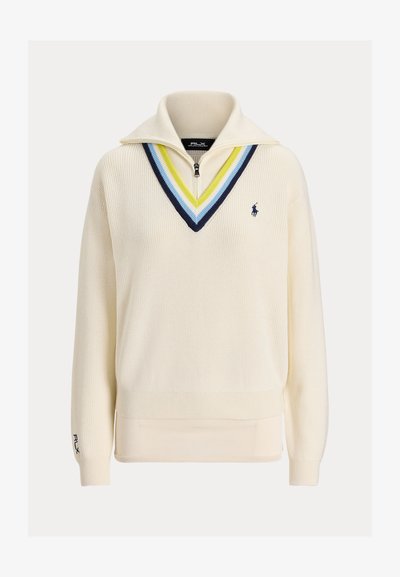 Pulover od pletene tkanine boje krema s visokim ovratnikom i patentnim zatvaračem. Ima višebojni dizajn V-izreza i RLX logo na rukavu.