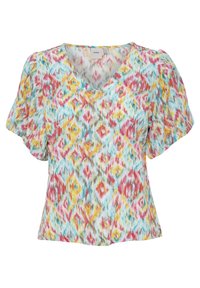 Blouse à manches courtes et col en V en tissu léger présentant un motif ikat coloré avec des nuances de rose, jaune, bleu et blanc.