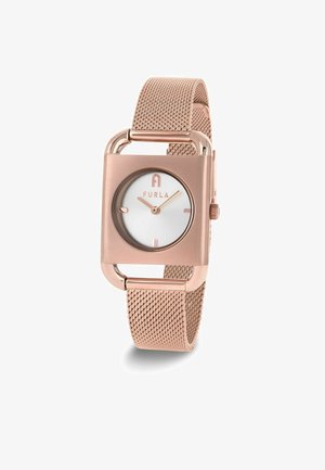 Roségoldene quadratische Uhr mit einem Mesh-Armband. Das Zifferblatt zeigt ein silbernes Ziffernblatt mit minimalistischen Stundenmarkierungen und dem Markenlogo.