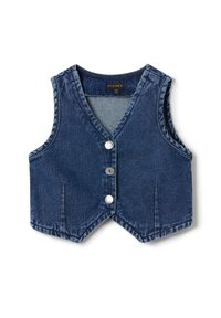 Jeansweste in Dunkelblau mit V-Ausschnitt-Design, fünf silbernen Knöpfen und scharfkantig geschnittenen unteren Kanten. Auffällige Nahtdetails.