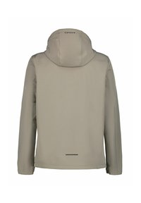 Herre beige vandtæt jakke med hætte, udstyret med lange ærmer og lige snit. Glat tekstur med subtile syninger.