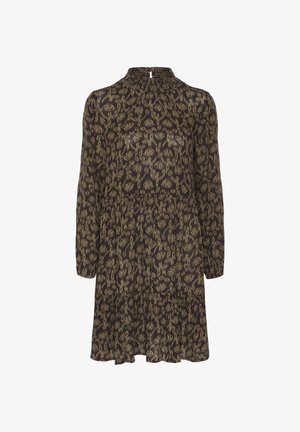 Abito nero con motivo floreale, maniche lunghe, scollatura arricciata, gonna a strati e una consistenza morbida. Presenta accenti botanici dorati in tutto l'abito.