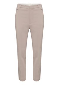 Beige kalhoty na míru s úzkým střihem, disponující bočními kapsami a hladkým povrchem. Zipperový detail na přední části dodává moderní nádech.