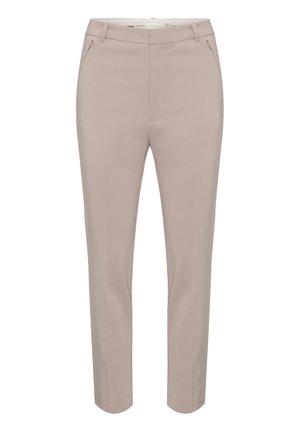 Beige maßgeschneiderte Hosen mit slim fit, ausgestattet mit seitlichen Taschen und einer glatten Textur. Ein Reißverschluss auf der Vorderseite verleiht einen modernen Akzent.