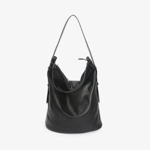 Black soft leather shoulder bag with a single strap and a top zipper, slightly slouchy with a minimalist design.