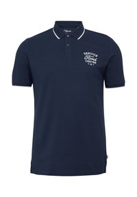 Marineblauwe poloshirt met witte accenten, van katoen, met klassieke kraag, knopen en geborduurde tekst: "SERVICE FORD CENTER" op de voorkant.