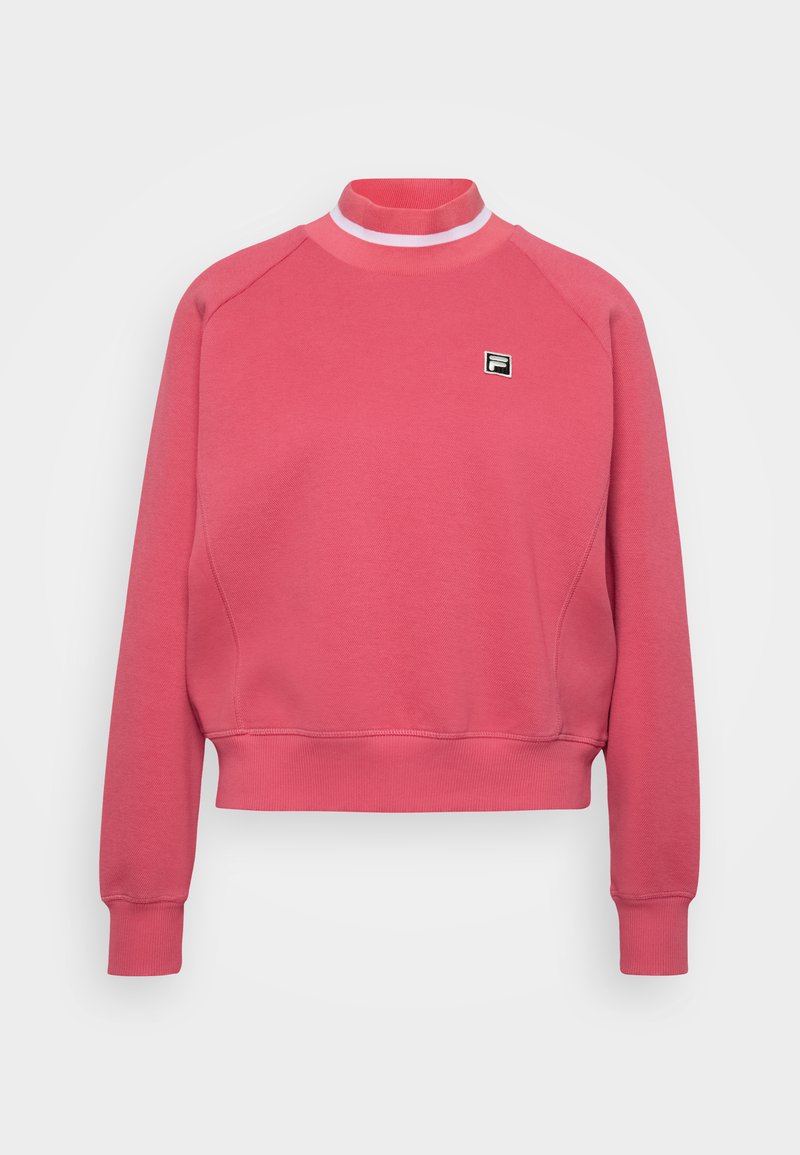 Felpa rosa con colletto alto e accento a strisce bianche. Presenta polsini a coste, maniche raglan e un piccolo logo sul petto.