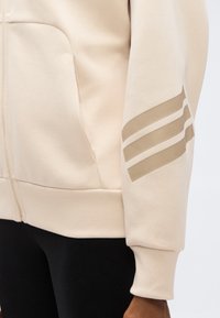 Μπεζ φούτερ με φερμουάρ, κατασκευασμένο από μαλακό ύφασμα, με λεία  υφή, μπροστινές τσέπες και τρεις οριζόντιες ρίγες σε πιο σκούρο μπεζ στο μανίκι.