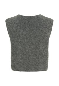 Ärmlös, grå tröja med en mjuk textur. Rund halsringning och ribbad nederkant. Enkelt, klassiskt design utan ytterligare utsmyckningar.