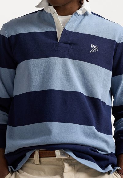 Marineblauwe en lichtblauwe gestreepte lange mouwen polo-shirt met een witte kraag, voorzien van een knoopsluiting bij de hals en geborduurd logo op de borst.