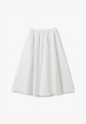 Jupe blanche, longueur genou, en tissu léger avec une taille froncée et une silhouette évasée. Texture lisse sans motifs visibles.