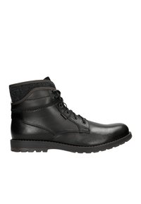 Černé kožené kotníkové boty s texturovaným šedým límcem, vybavené šněrováním, hladkým povrchem a robustním vzorem podrážky.