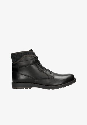 Zwarte leren enkelboots met een gestreepte grijze stoffen kraag, voorzien van vetersluiting, een gladde afwerking en een robuust zoolontwerp.