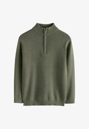 Olijfgroene gebreide trui met lange mouwen en een geribde halve-rits kraag en zoom, ontworpen voor casual gebruik.