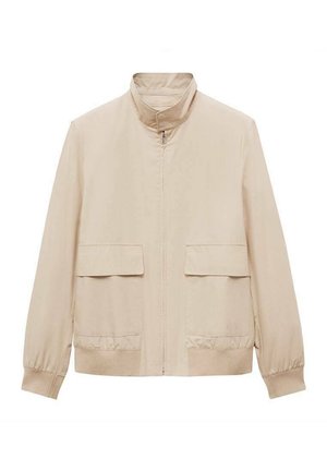 Light beige jacket with a high collar, zip front, and two large front pockets. Features elasticized cuffs and a smooth, matte finish.