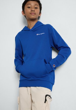 Blue hooded sweatshirt made from soft fabric, featuring a front pocket and embroidered Champion logo on the chest and sleeve.