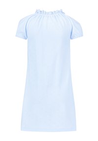 Light blue dress with short puff sleeves. Features a ruffled neckline and a textured fabric with small heart patterns throughout.