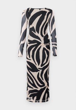 Vestido de mangas longas em tecido elástico, com um padrão abstrato de folhas em preto e bege, apresentando detalhes de franzido na lateral e uma silhueta ajustada.