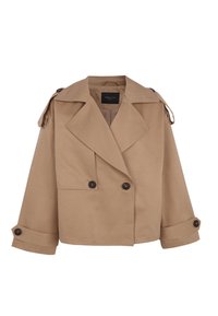 Beige cropped trenchcoat met dubbele knopen, brede revers en opgerolde manchetten. Heeft schouderbanden en een gladde textuur.