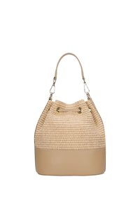 Béžová tkaná kabela ve tvaru kbelíku se hladkým koženým dnem, stahovací šňůrkou a zlatým kováním. Obsahuje jeden ramenní popruh.