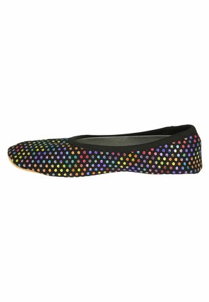 Balletflat met een zwarte canvas bovenkant, voorzien van multicolored metallic stippen, een elastische rand en een flexibele zool.