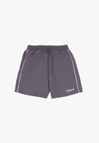 Grå atletiske shorts med elastisk talje, snøre, sidelommer og hvid dekorativ piping. Har "Dropsize"-logoet i kursiv.