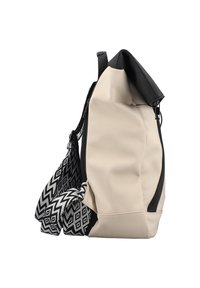 Beige and black backpack with a textured pattern. Features a zip closure, adjustable straps, and a flexible, structured shape.