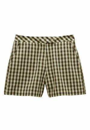 Mellem-høje shorts med olivengrønt og hvidt gingham ternet mønster, sidelommer og en lige linning.