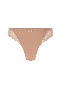 Beige damesslip met kantafwerking, versierd met kleine stippen en een decoratieve strik met een sieraad in het midden voor.