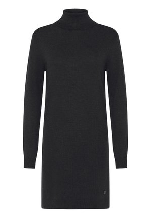 Vestito maglione nero a maniche lunghe in maglia con collo a dolcevita e polsini a coste, taglio dritto e piccolo logo rotondo vicino all'orlo.