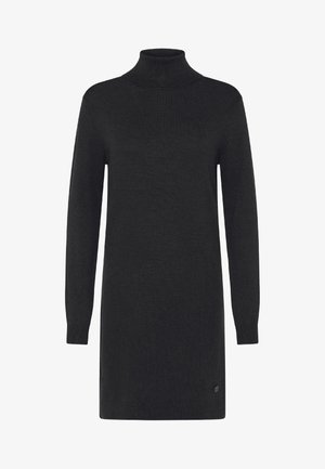 Sort langærmet strikket kjole med høj krave og ribstrikkede manchetter, lige snit og lille rund logo nær kanten.