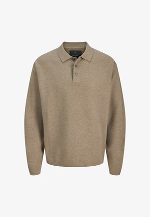 Beež pikkade varrukatega kootud pullover polo krae ja kolme nööbiga ees, lõdva lõikega.