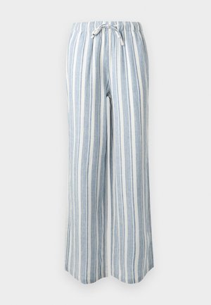 Φαρδιά παντελόνια με κάθετες ρίγες σε ανοιχτό μπλε και άσπρο χρώμα, με ελαστική μέση και κορδόνι στο κλείσιμο.