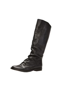 Schwarze Leder-Stiefel bis zum Knie mit einem lässigen Design, strukturiertem Finish, niedrigem Blockabsatz und dezentem Schmetterlingslogo an der Seite.