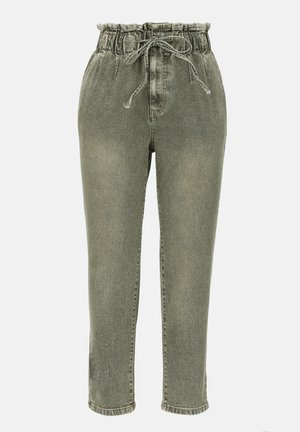 Grønne, elastiske talje, snoretræk, tapered ankel, denim-stof, sidelommer, let falmet tekstur, afslappet design, mellemhøj pasform.