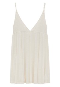 Creamfarbendes ärmelloses Kleid mit dünnen gedrehten Trägern, tiefem V-Ausschnitt und einem lockeren, fließenden Rock.