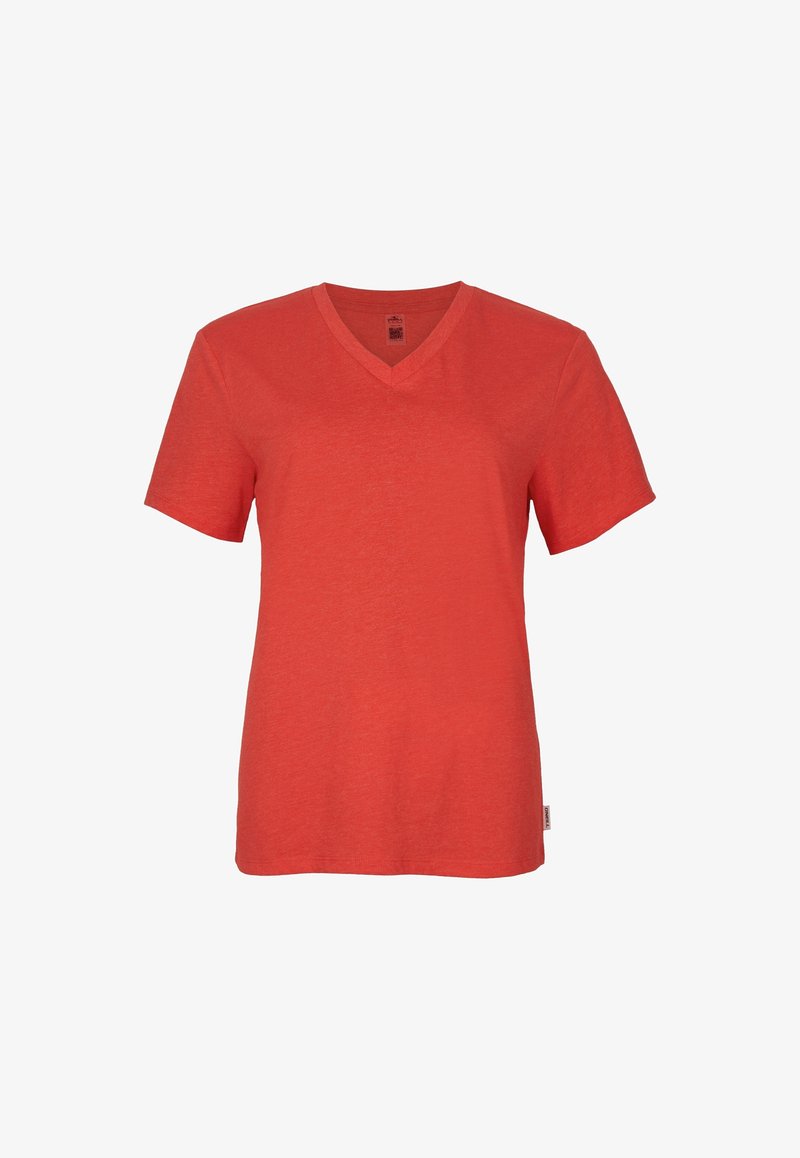 T-shirt rouge uni à manches courtes avec col en V, ourlet droit, présenté de face sur un fond blanc.