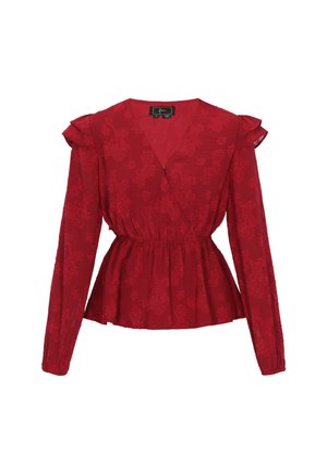 Bluză cu model floral roșu, cu mâneci lungi, decolteu în formă de V și detalii cu talie plisată. Material ușor, texturat, cu accente de volan.