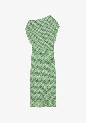 Rochie midi în carouri verde și alb, cu mâneci scurte și talie strânsă, afișată aplatizată pe un fundal alb.