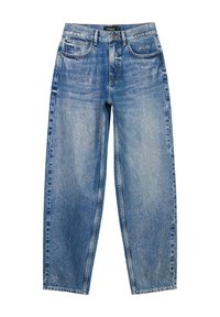 Ljusblå denimjeans med avslappnad passform, med en urtvättad look, fem fickor och knäppning i midjan.