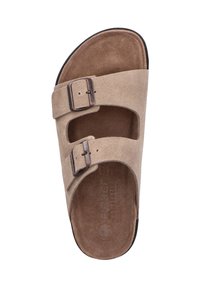 Sandalo in suede beige con due fibbie regolabili marroni. Soletta sagomata, suola piatta e logo stampato sulla soletta.