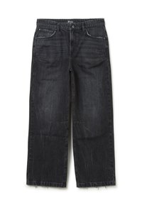 Pantalones vaqueros de mezclilla anchos en negro con un acabado desgastado, cinco bolsillos y dobladillos deshilachados. Presentan un cierre de botón y trabillas para el cinturón.
