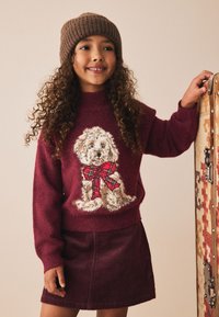 Pulover burgund cu broderie texturată cu câine și fundă în carouri roșii, asortat cu o fustă din catifea cord și o cagulă maro cu dungi.