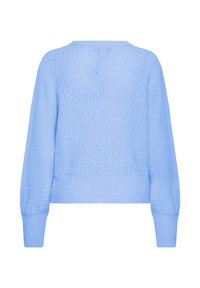 Pull-over en maille bleu clair avec un motif texturé, col rond et poignets côtelés. Style pull avec manches légèrement bouffantes.