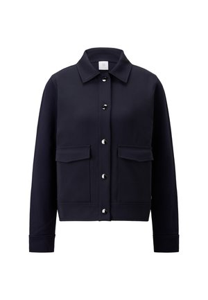 Navy blue jacket made of soft fabric, featuring a collared neckline, front buttons, and two chest pockets with flaps. Long sleeves.